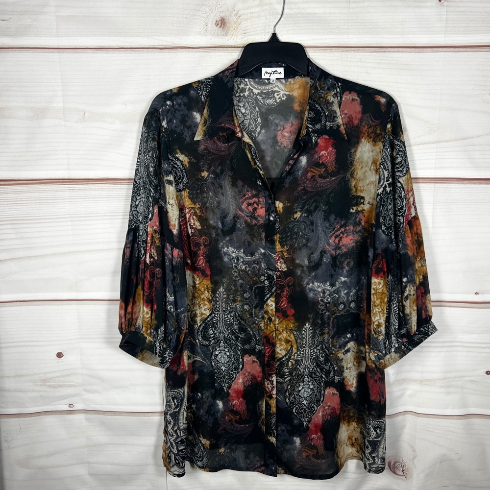 May Line Paisley Button Down Shirt Womens 48 US 1X Multicolor Sheer Blouse Tunic